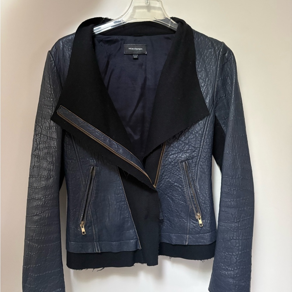 Mackage Navy and Black Leather Moto Jacket
